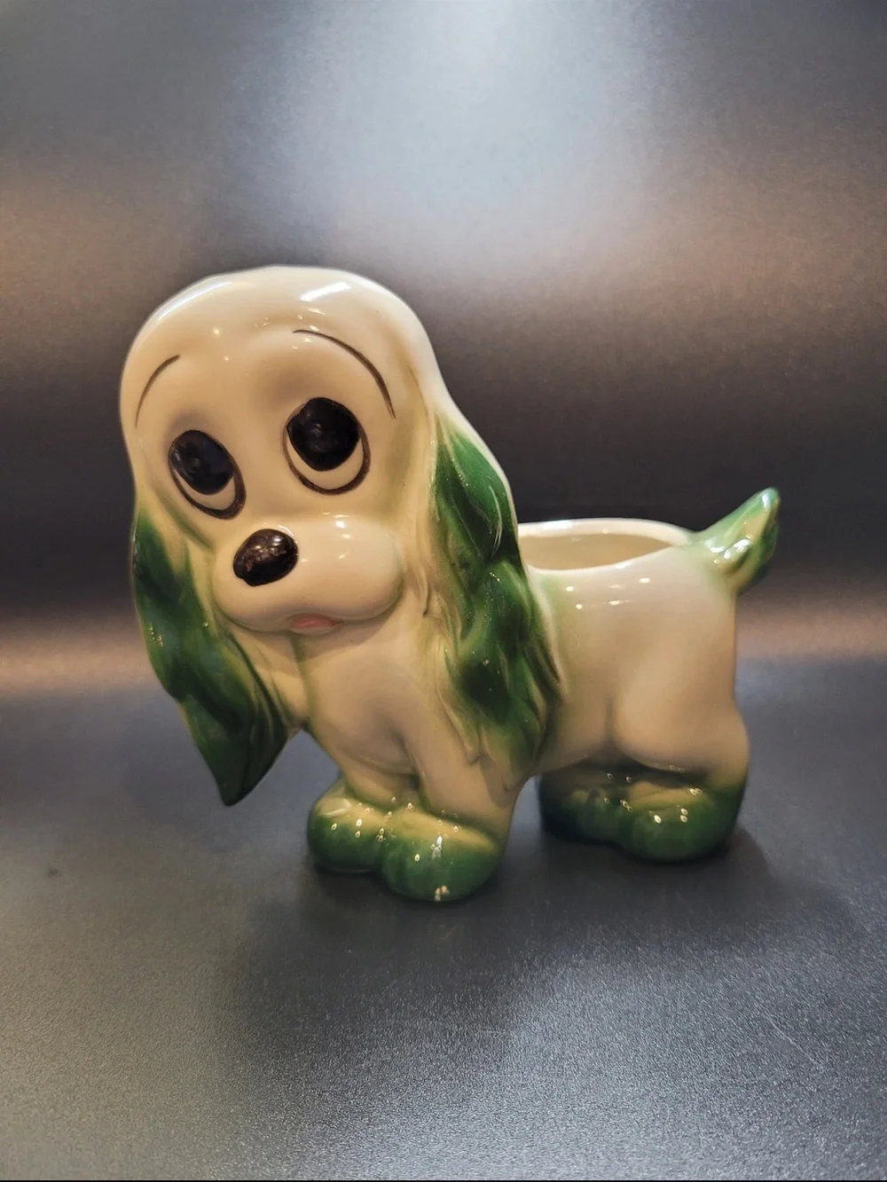 1950s vintage Ceramic Dog Planter - White and Green Decorative Pet Figurine